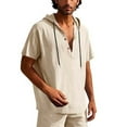 thumbnail image 2 of TAGOLD Mens Summer Short Sleeve Hooded Blouse Solid Color Linen Drawstring Button Casual Wear Top, 2 of 4