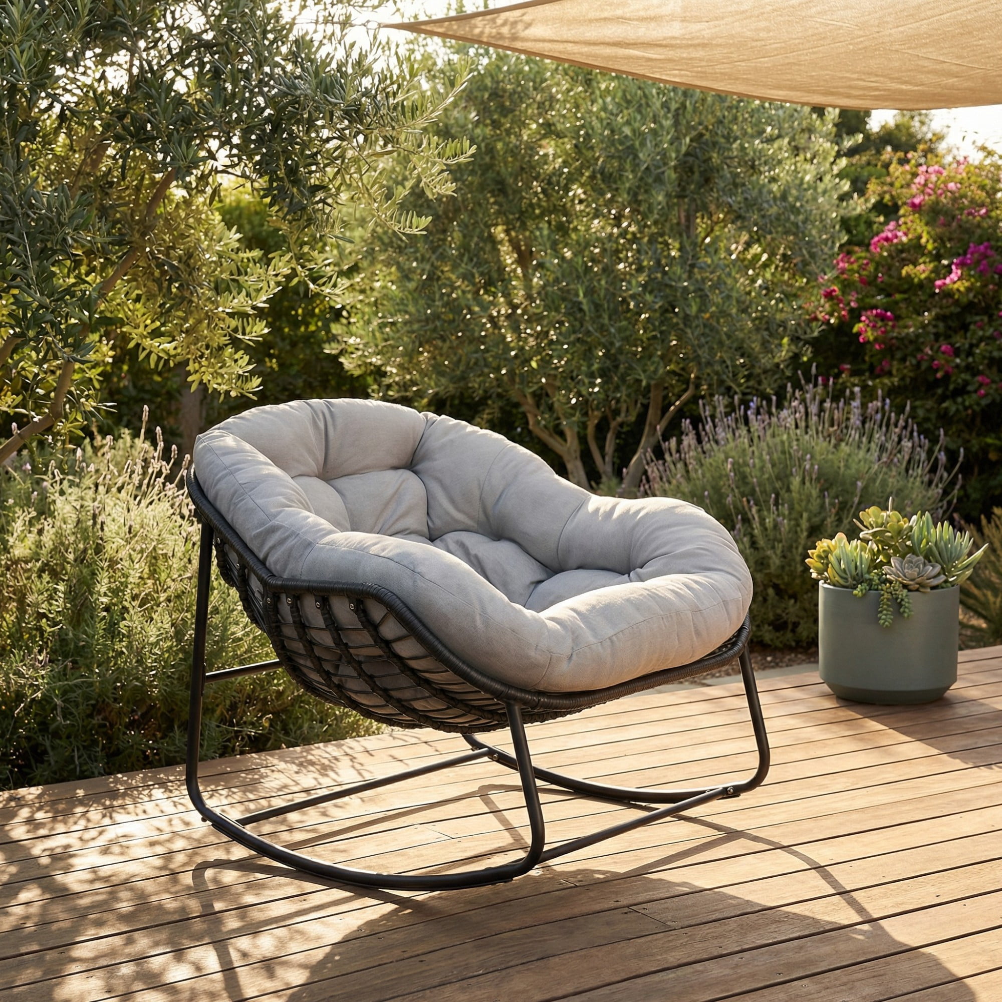 Outdoor Papasan Rocking Chair, Oversized Egg Rocking Chair with Cushion, Wicker Rattan Patio Rocker, Indoor Outdoor Lounge Chair for Porch Garden Living Room, Light Gray