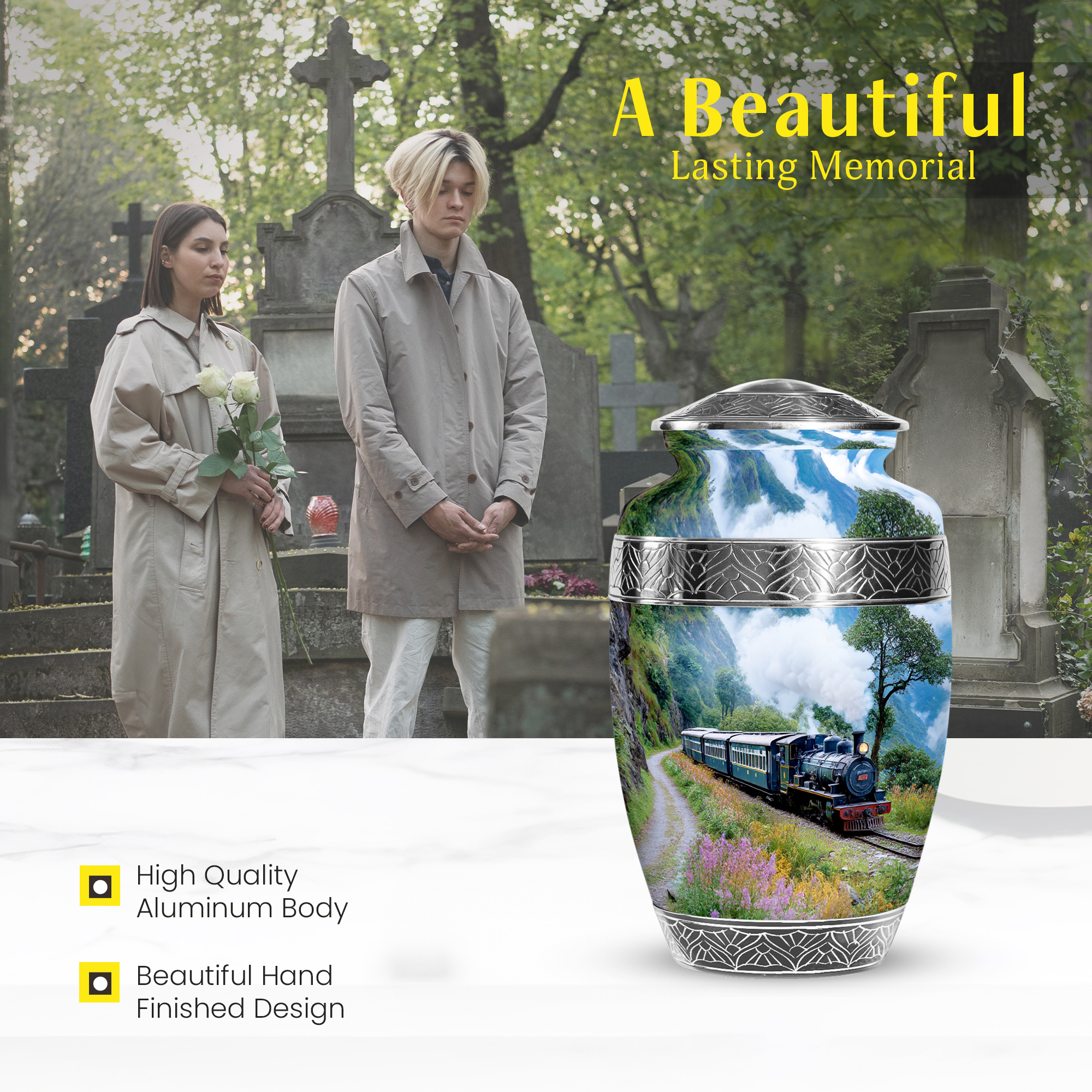 MUKTIVE Train Burial Urns for Adult, Funeral Mountain Urns for Human Ashes Adult Male & Female, Decorative Pink Flower Cremation Gift Urn, Large Memorial Urn for Ashes for Mom & Dad, 10 Inch (Grey)