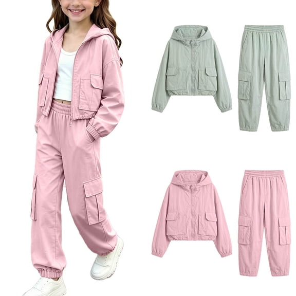 Stamzod Girls Clothes 2 Piece Outfits Casual Hooded Long Sleeve Zip Up Jackets and Cargo Pants Set Fall Girls' Clothing Sets Size 5-15 Pink 14-15Years
