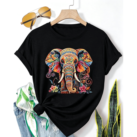 Women'S Vibrant Elephant Print T-Shirt - Casual Retro Style, Short Sleeve For WomenοΌCrew Neck Elephant Graphic Tshirt