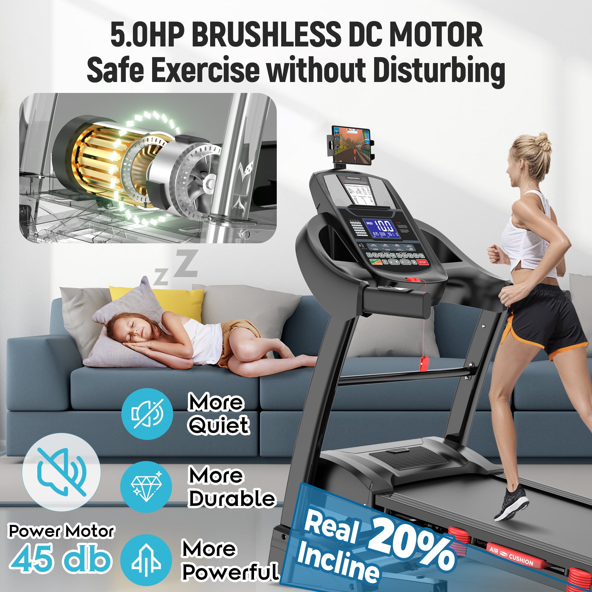 Foldable Treadmill for Home with 20-Level Auto Incline, 5HP Brushless Motor, 12 MPH Speed, 300-400 LBS Capacity, Bluetooth Speakers, App Control, Shock Absorption Running Belt, Caminadora with Auto I