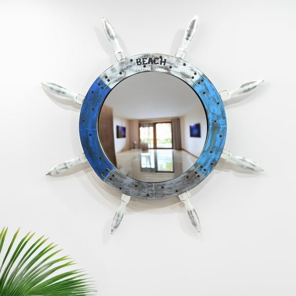 18" Wheel Ship Nautical Mirror with "BEACH" Text – Rustic Blue and White Coastal Wall Decor, Perfect for Beach House, Bathroom, or Living Room – Decorative Wooden Frame with Round Mirror [B01FVSR9UY]