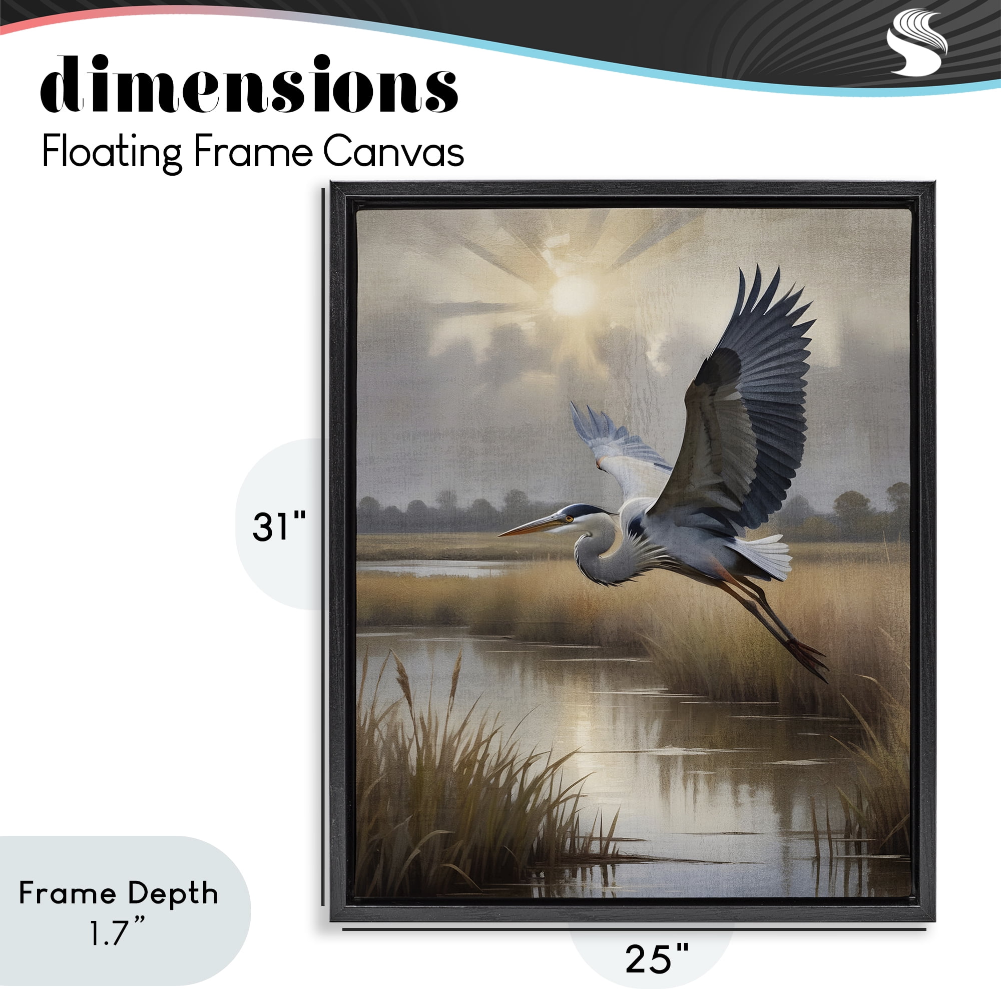 Stupell Industries Heron Flight over Wetlands Black Framed Floater Canvas Wall Art, design by Susan Arnot