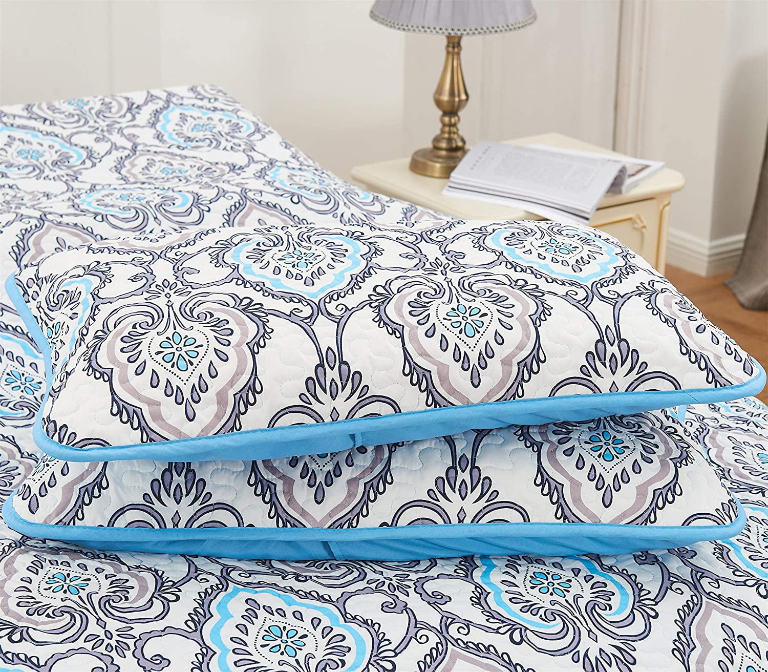 Hannah Linen Twin Size Quilts Set - Microfiber 3 Piece Down Alternative Design (Twin, Jade Blue)
