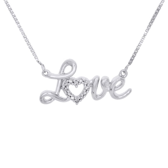 Sterling Silver Round Diamond Love Heart Statement Necklace 16" Chain 1/20 CT.