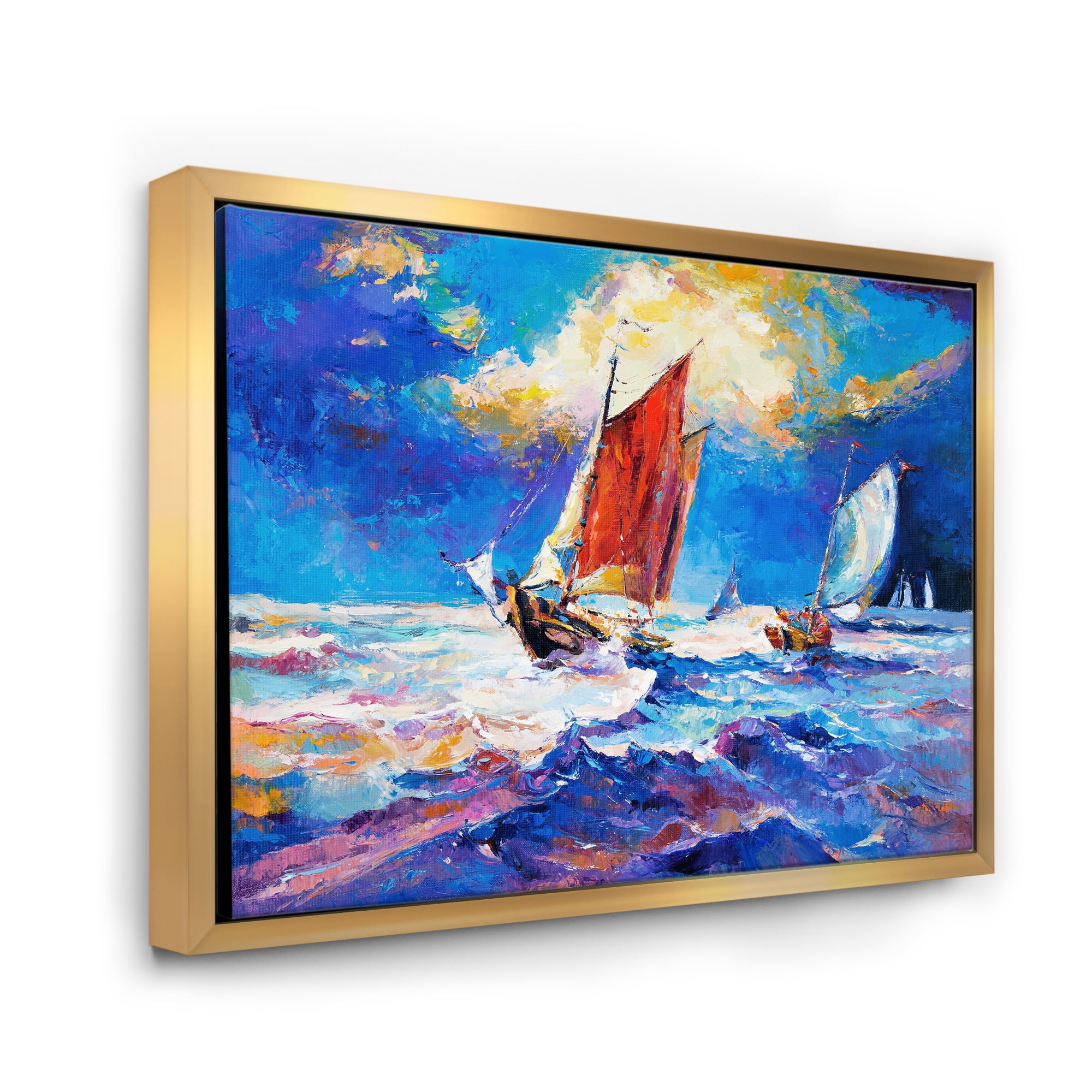 Sailships On The Ocean Waves During Evening 32 in x 24 in Framed Painting Canvas Art Print, by Designart