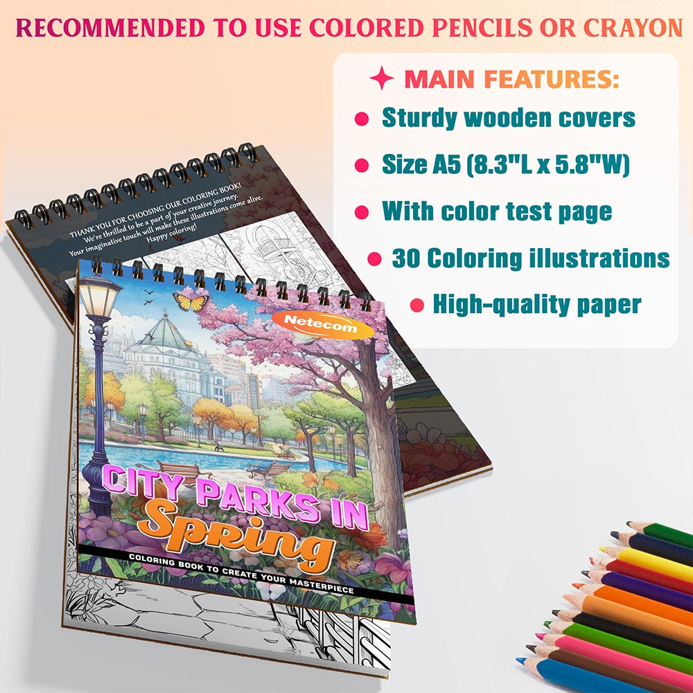 City Parks in Spring Coloring Book Spiral Bound For Adults, A5 Wooden Cover, 30 Beautiful Coloring Pages of Blossoming Flowers for Relaxation and Stress Relief