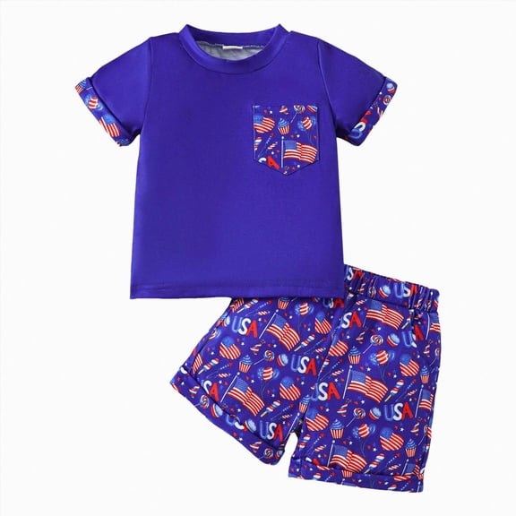 NOLDARES USA Patriotic Little Boy Outfit 4th of July Embroidery Short Sleeve T-Shirt Elastic Waist Shorts 2Pcs Summer Clothes(Blue,2-3 Y)