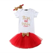 Angle View: Baby Girl Birthday Dress Romper Tutu Skirt Headband Outfit Clothes Set