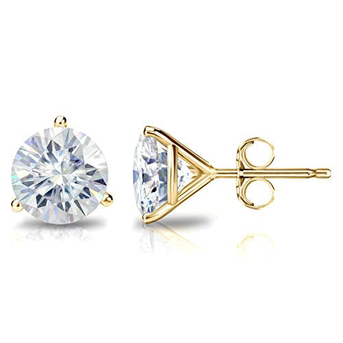 14k Yellow Gold Round Moissanite Stud Earrings (5ct TGW, 9mm, J-K) 3-Prong Martini, Push-Back by Diamond Wish
