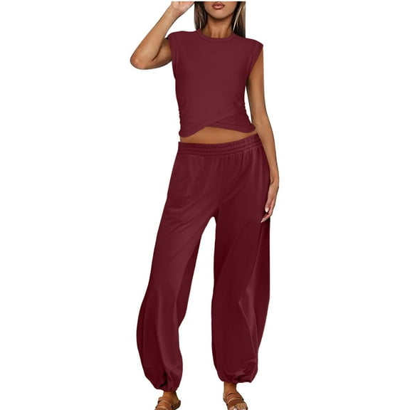 BLCHUNen Womens Summer Outfits Crew Neck Crisscross Hem Casual Tops Elastic High Waist Pants Athletic Workout Sets