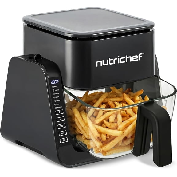 NutriChef 4QT Air Fryer & Grill Combo, 7 Preset Cook Modes, Transparent Glass Fry Bowl, 1.2QT Grill, Black