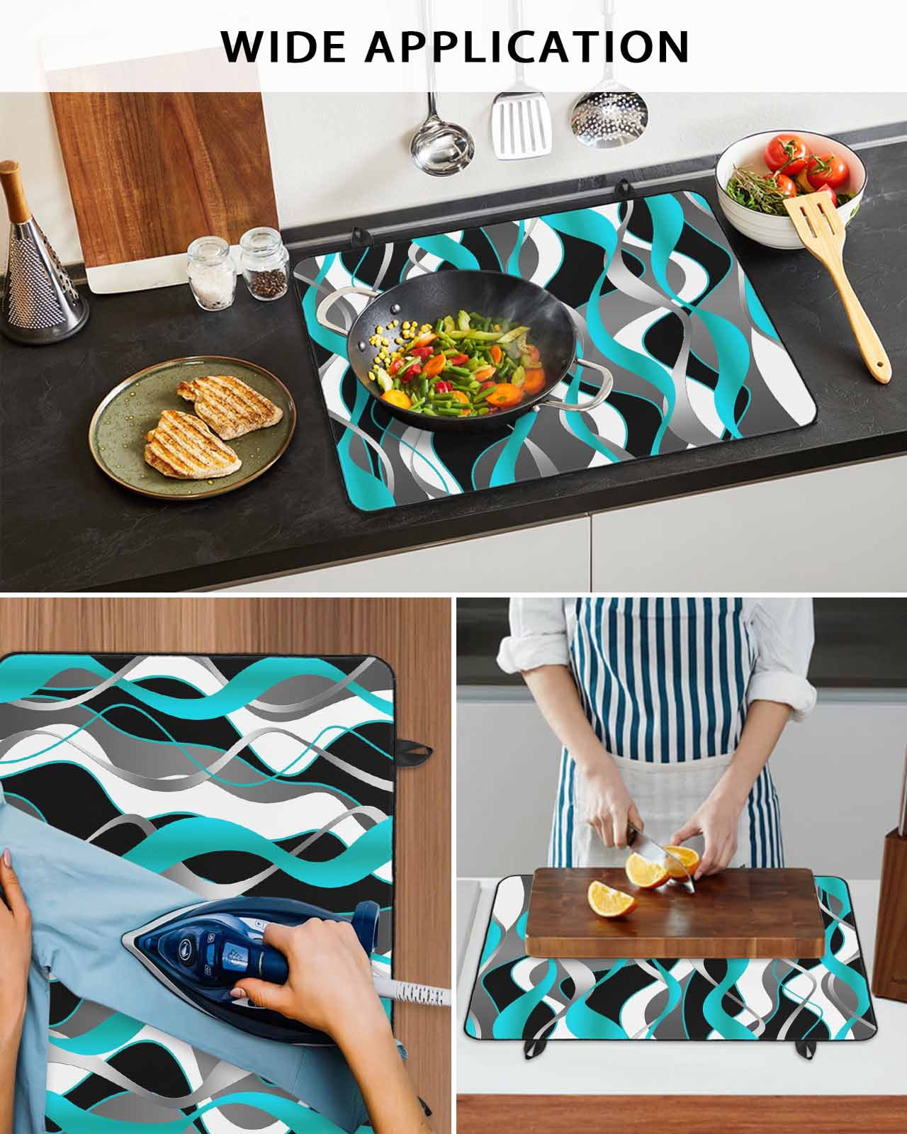 nqOlkjepod Large Induction Cooktop Protector Mat 36"x21", Aqua Stripe Stove Top Covers for Electric Stove, Ombre Grey Moire Geometric Modern Abstract Stove Burner Cover Mats, Glass Top Stove Cover