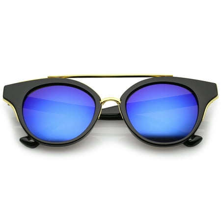 sunglassLA - Double Nose Bridge Round Colored Mirror Lens Cat Eye Sunglasses 51mm - 51mm