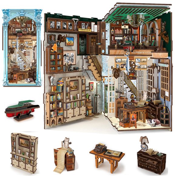 Kit de rincón para libros DIY para casa de muñecas MiniCity Hemingway House con LED