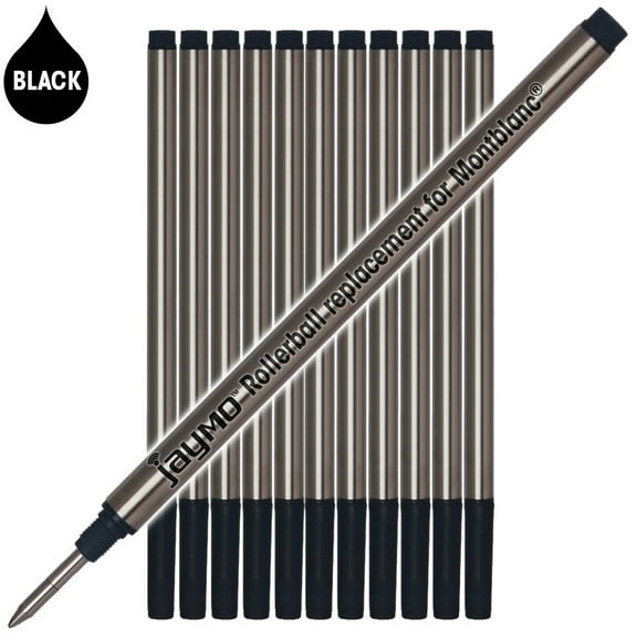 Jaymo Replacement for Montblanc 105158 - Measures 4.44 in / 113 mm Long - Rollerball Pen Refill - 12 Black