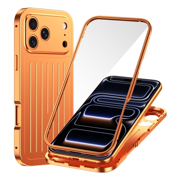 Dteck Full Body Protective Case for iPhone 17 Pro Max,Shockproof Magnetic Metal Case with Built-in Tempered Glass Screen Protector Luggage Striped Design Phone Cover,Orange