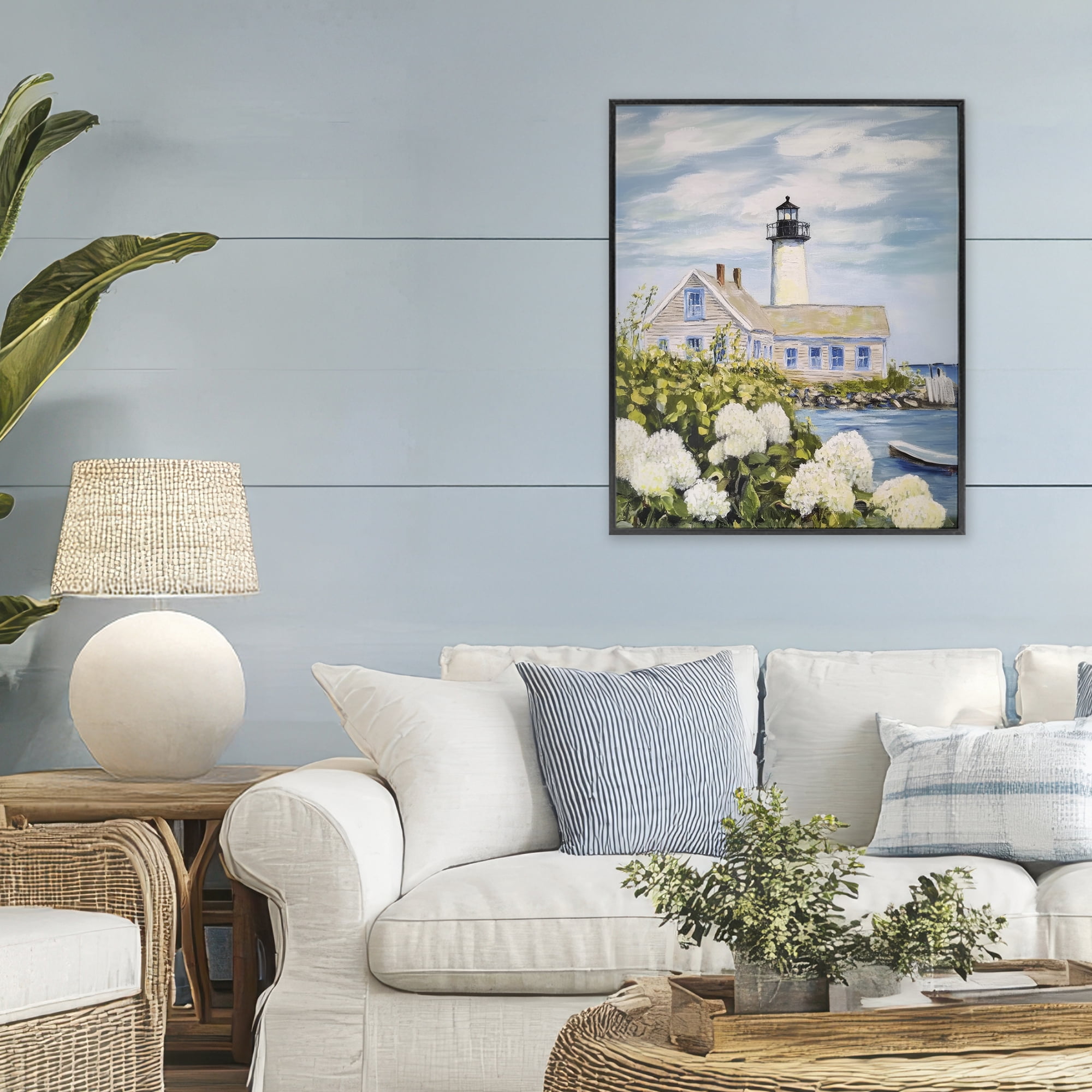 Stupell Industries Lighthouse Scenery with Hydrangeas Black Framed Giclee Art, design by Sisi and Seb