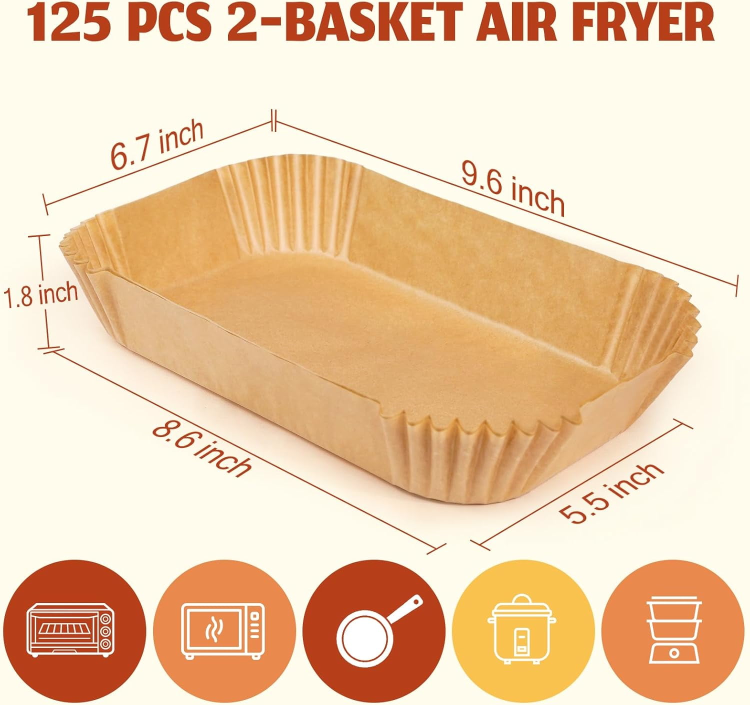 JJEAN-Air Fryer Liners Disposable, Airfryer Paper Liners, 125Pcs Non-stick Oil Resistant Air Fryer Liners Square, Parchment Liners 8.6" * 5.5", Fit for Most Ninja Dual Airfryer, Microwaves, Ovens