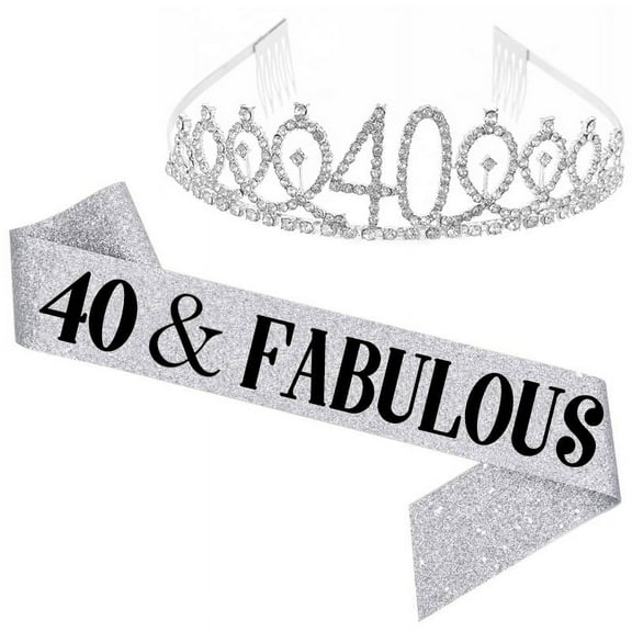 TY"40 and Fabulous" Sash & Rhinestone Tiara Set - 40th Birthday Sash 40 Birthday Gifts Party Favors,silver