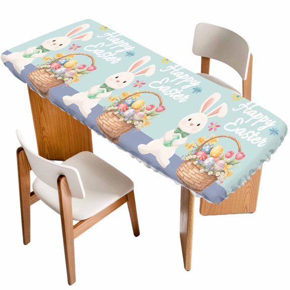 Happy Easter Table Cloths for 8 Foot Rectangle Tables, Cute Bunny Colorful Eggs Spring Flowers Blue Purple Patio Waterproof Elastic Fitted Tablecloths, Washable Rectangular Table Cover for Camping