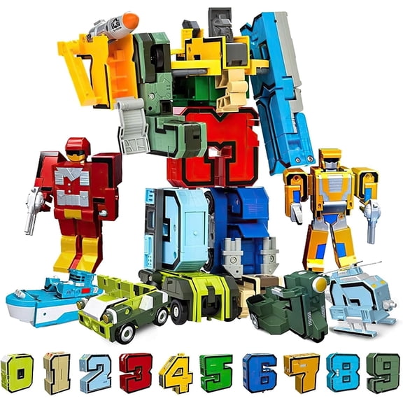 B-Qtech Number Transforming Toys 15-Piece Set, Number Blocks for Learning & Play, Transform into Robot Car Airplane Boat, STEM Educational Gift for Boys Girls Ages 8
