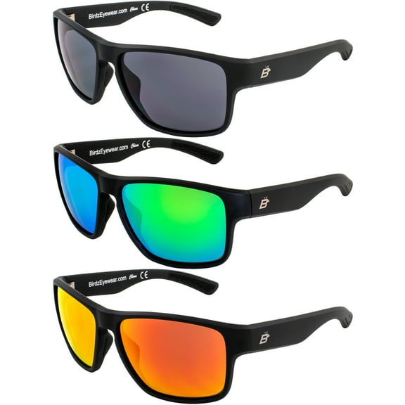 Birdz Glide Sunglasses for Men or Women Scratch Resistant Lens Lightweight Black Square Frame Smoke Green and Red Mirror Lens