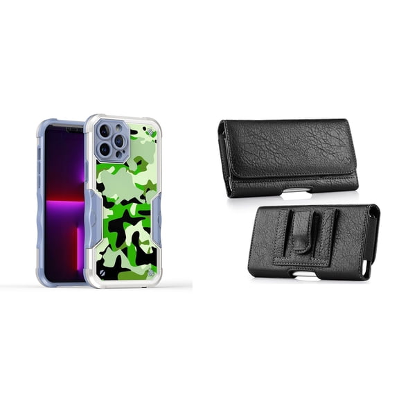 Case and Pouch Bundle for iPhone 14 Pro Max: Heavy Duty Armor Rugged Case (Army Green Camo) and Coin Card Wallet Belt Holster