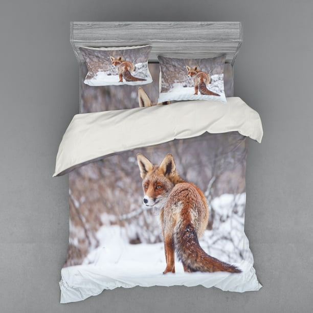 Fox Duvet Cover Set, Countryside Snow Landscape Furry Wild Animal