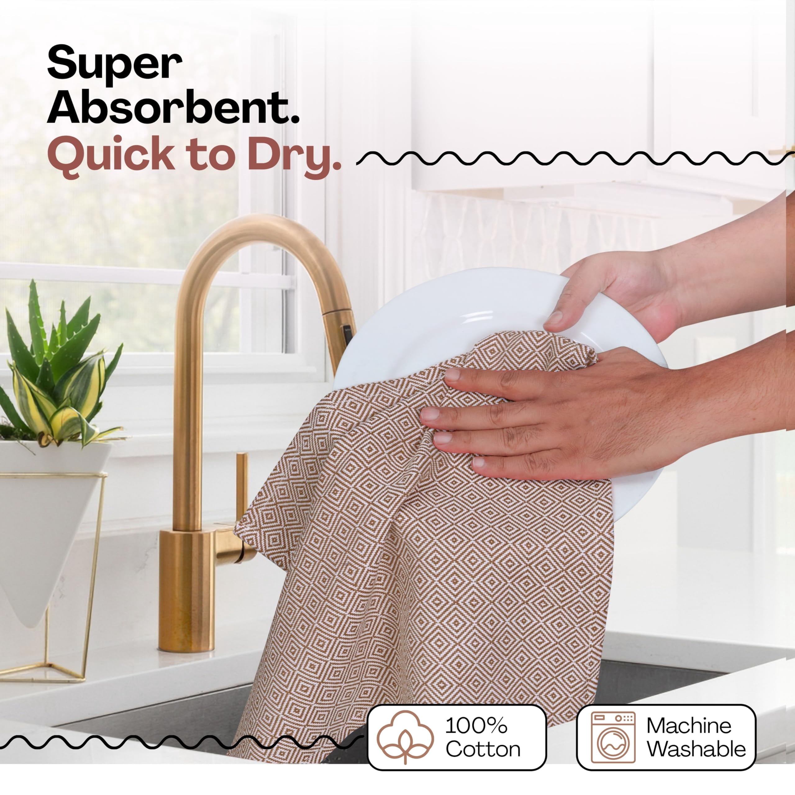 HEIRLOOM COMFORT Brown Dish Towels 3 Pack, Ultra Absorbent, 16"x26", Diamond Weave Towel Set, Reusable, Durable, Quick Dry Cotton Kitchen Towels for Cleaning Counters, Drying Dishes, Everyday Cleanup