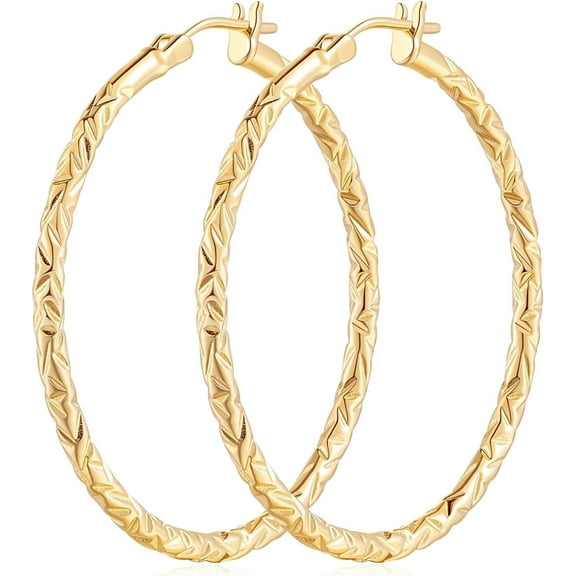 14K Gold Hoop Earrings Plated for Women Textured 40mm Large Gold Hoops with Engraved Braided Pattern, Lightweight Everyday Statement Jewelry