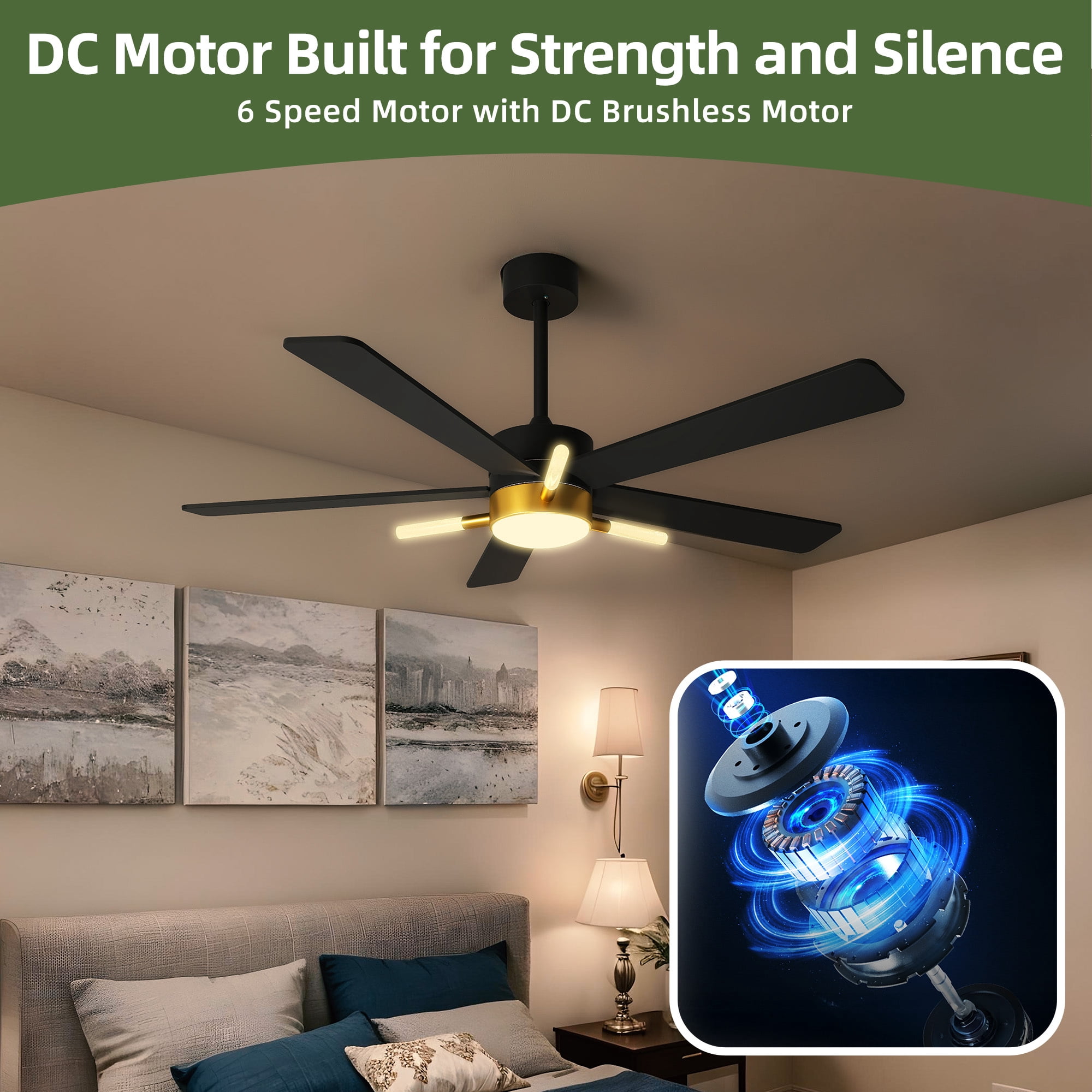 Uforic 42-inch Modern Black and Gold Ceiling Fan with Lights and Remote Control,5 Blades with Crystal Rod Design