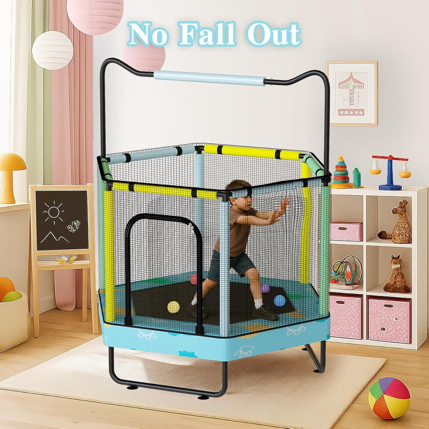 MOOSENG 7-in-1 Kids Trampoline with Safety Enclosure Net, 60" Hexagonal Toddler Trampoline with 500lbs Capacity, Indoor Outdoor Fun for Ages 1-8, Adjustable Handrail