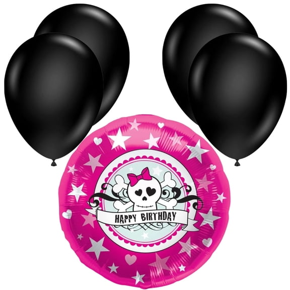 LoonBalloon 18" Pink Birthday Skull Foil Balloon with 4 Latex Balloons – Fun Birthday Party Decoration