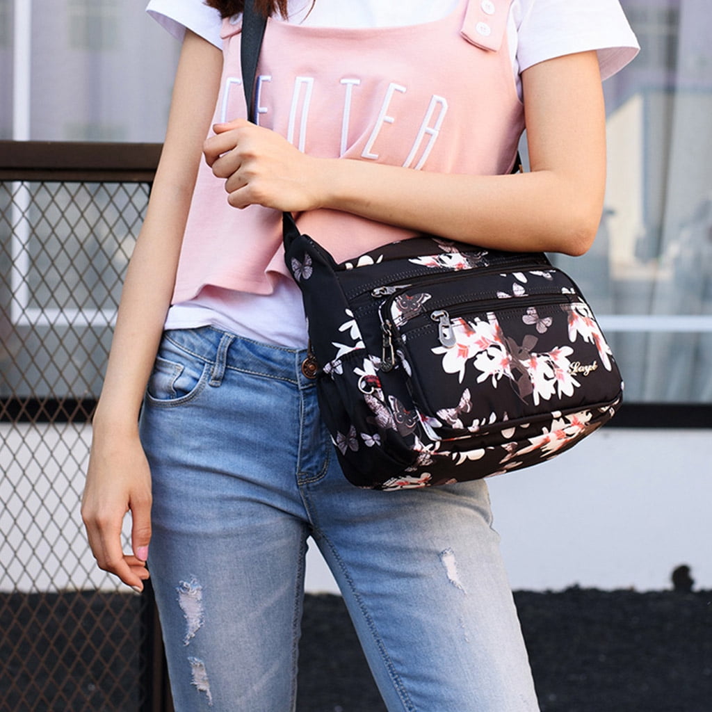 AOOOWER Nylon Floral Multi-Pocket Crossbody Purse Bags for Women Travel Shoulder Bag