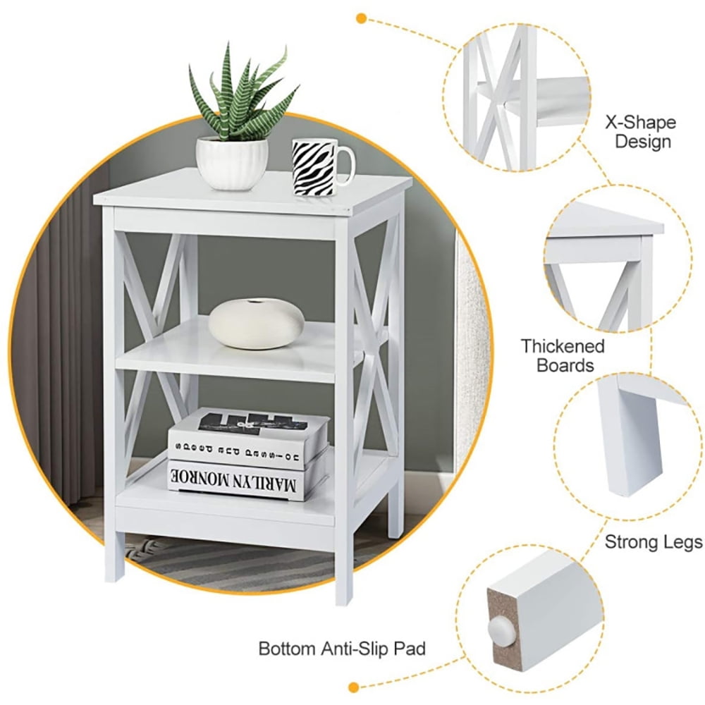Finihen End Table, 3-Tier X-Design Nightstands with Storage Shelves, Bed Side Tables, for Living Room, Bedroom, White Finihen End Table, 3-Tier X-Design Nightstands with Storage Shelves, Bed Side Tables, for Living Room, Bedroom, White