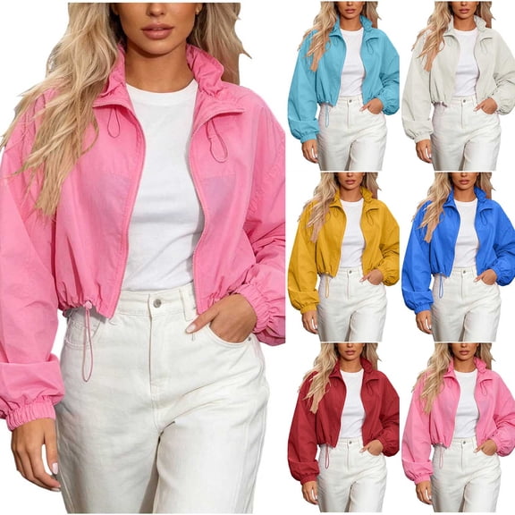 Husipze Womens Windbreaker Cropped Jackets Lightweight Drawstring Long Sleeve Stand Collar Full Zip Up Hooded Sports Jacket Blue XXL