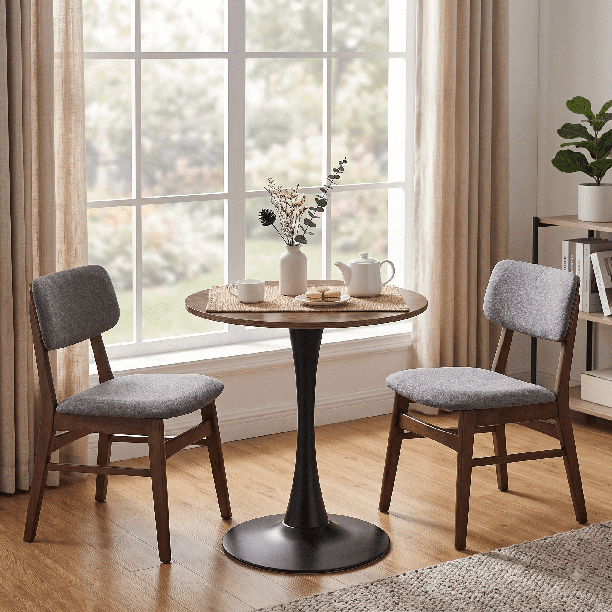 Homy Casa 24" Round Dining Table for 2, Small Kitchen Table with Walnut Finish and Black Iron Pedestal Base, Brown