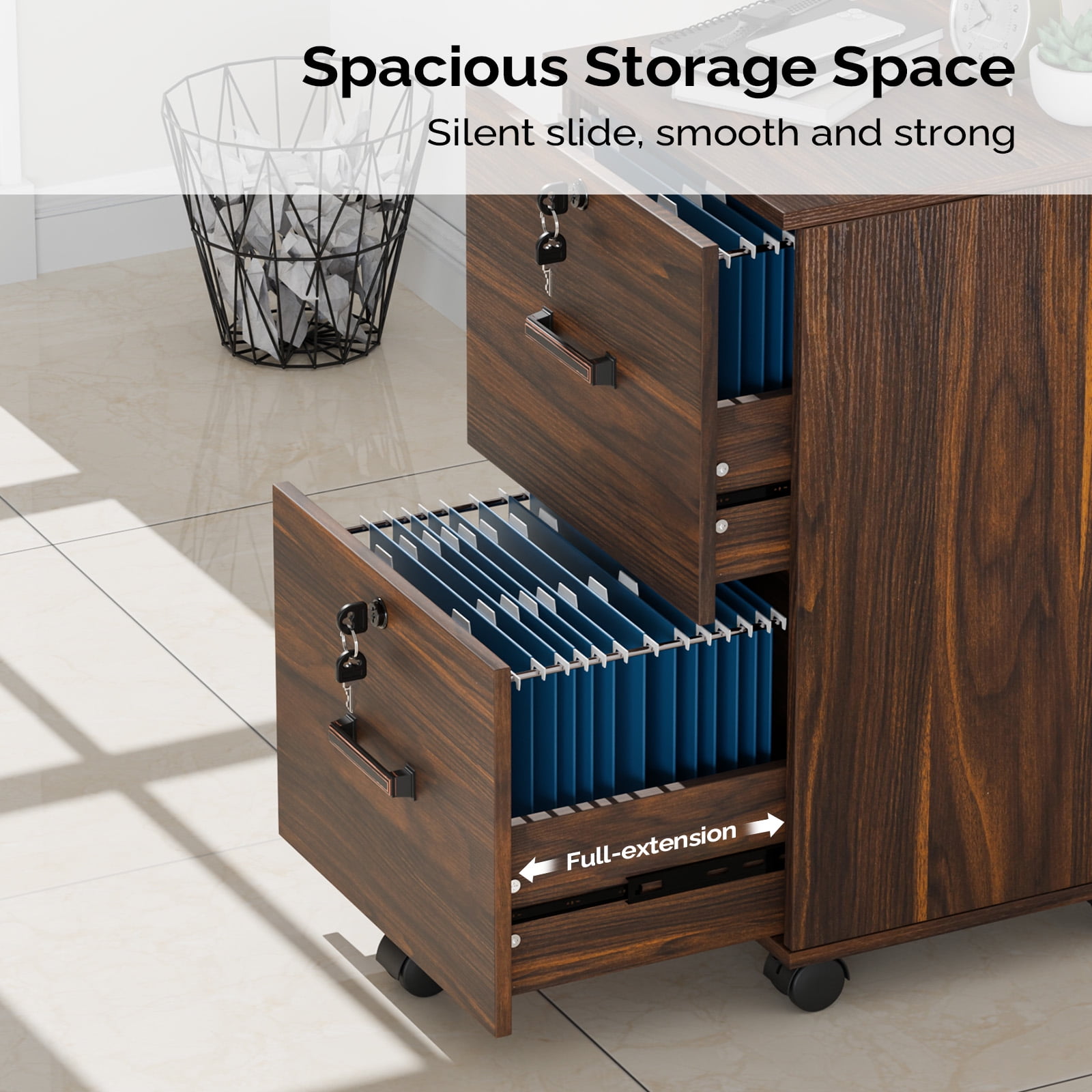 Ktaxon 2-Drawer Rolling Wood File Cabinet with Lock, Portable Vertical Mobile Wooden Storage Filing Cabinet for Home Office,Brown Coffee