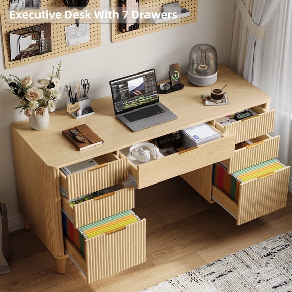 TOKSOM 55.1" Office Desk with 7 Drawers & Built-in Charging Station Nature Wood Color Study Desk with Gold Handles, File Drawers, Metal Slides