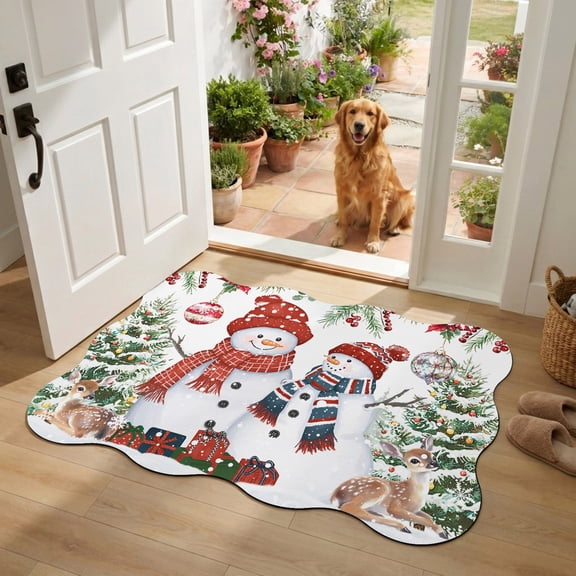 Scalloped Door Mat 20"x31.5", Snowman Christmas Absorbent Non Slip Front Door Mat, Balls Xmas Botanical Tree Diatomaceous Entryway Rug for Indoor Patio Laundry Room Kitchen Door Entrance