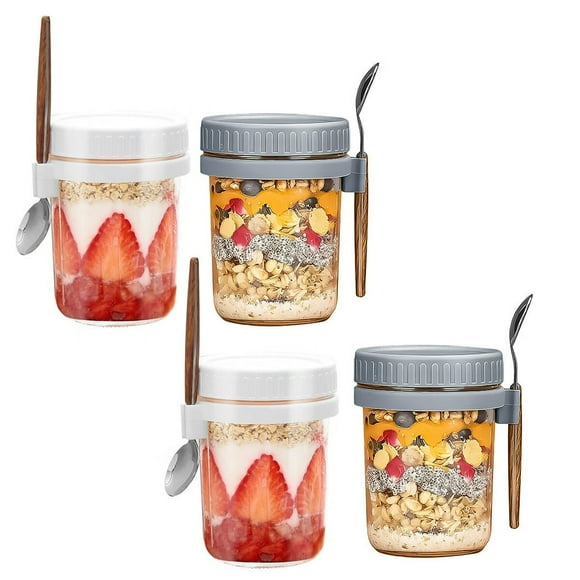 4Pcs Overnight Oats Container Mason Jars with Lid and Spoon Portable Airtight Oatmeal Cup with Measurement Marks Wide Mouth Jars Breakfast Cup Container for Salads Cereal Milk