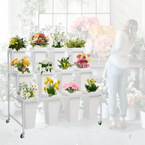 Sturdy Flower Stand with 12 Buckets, Flower Display Stand with Wheels, Flower Cart, Moving Florist Bouquet Shelf, White Square