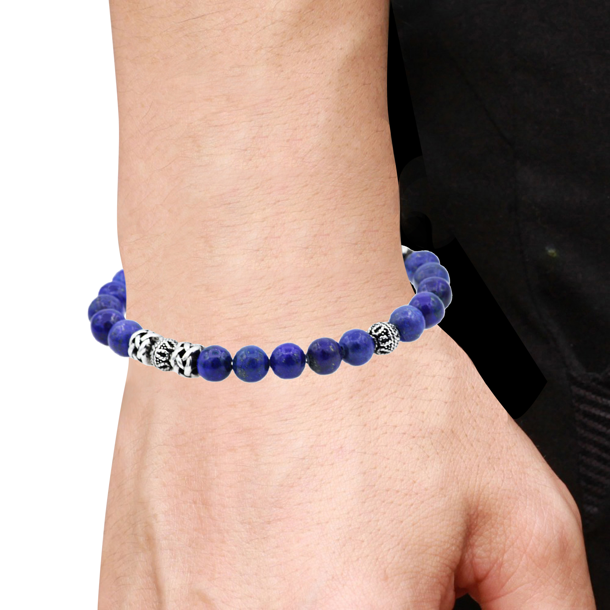 Mens Genuine Lapis Lazuli Stainless Steel Beaded Bracelet.