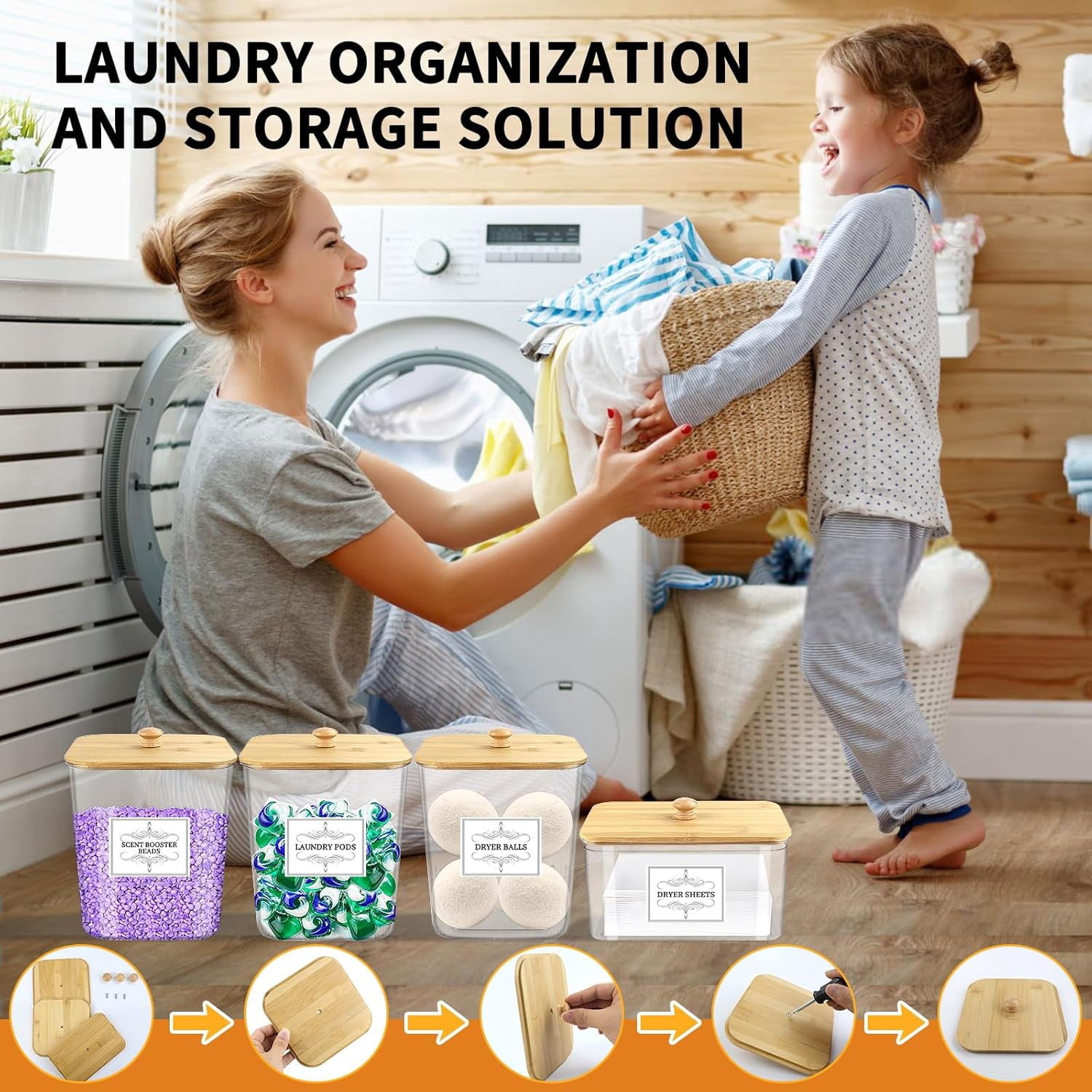 Laundry Pods Container & Dryer Sheet Holder, 4Pack Laundry Room Organization and Storage, Laundry Detergent Power Container with Bamboo Lids,Labels, Scoop