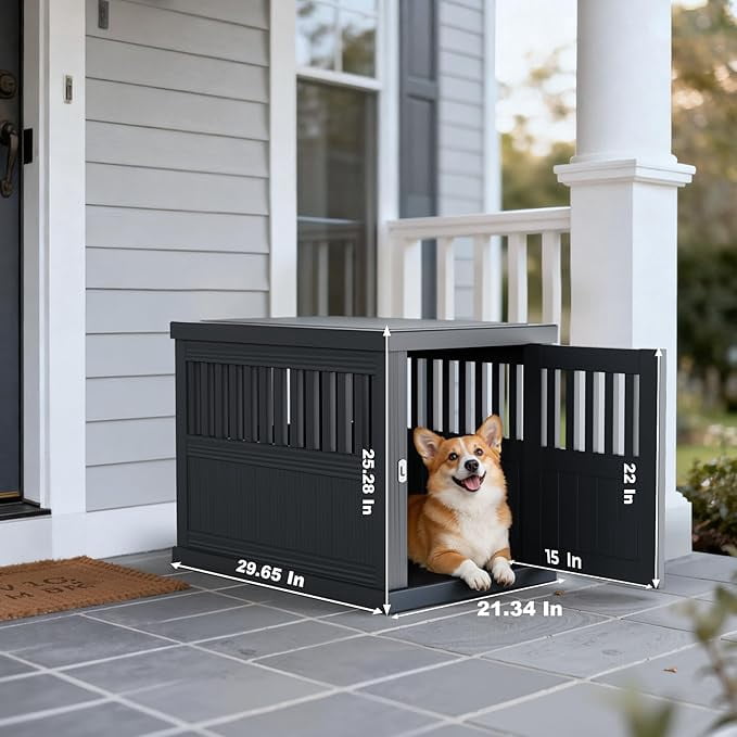 YOSADIER Indoor/Outdoor Dog House, Waterproof Durable Plastic with Locking Door, Ventilation and Raised Floor Design, Easy Assembly, Suitable for Small to Medium Dogs, Black