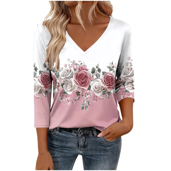 Womens 3/4 Sleeve Tops and Blouses Women's Fashion Flower Printed T-Shirt 3/4 Sleeves Blouse V-Neck Casual Loose Top Pink XL