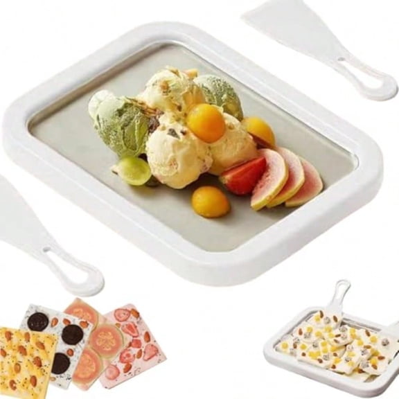 Rolled Ice Cream Maker Kit for Home Stainless Steel Instant Freeze Plate with 2 Scrapers and Tray DIY Ice Cream Roll Pan Fun Ice Cream Maker for Family Parties and Summer Desserts White