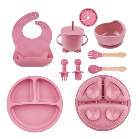 Lumikrypt Silicone Baby Feeding Set 9 Pcs Baby Led Weaning Utensils Baby Suction Bowl Plates Bib Spoons Set Sippy Cup with Straw Baby Self Feeding Supplies Set